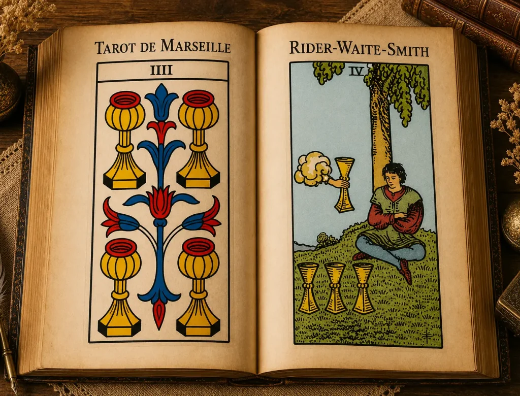 Quatre de Coupe du Tarot de Marseille et du Rider-Waite-Smith présentés côte à côte