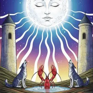 L’Arcane XVIII La Lune du Tarot de Marseille, montrant la lune éclairant un chemin entre deux tours, avec un chien et un loup sous sa lumière.