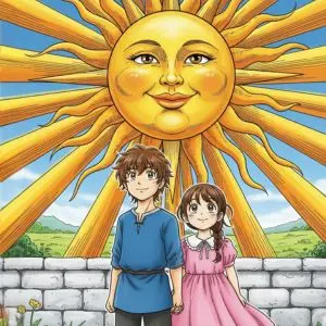 L’Arcane XIX Le Soleil du Tarot de Marseille, montrant un soleil rayonnant au-dessus de deux personnages se tenant sous sa lumière.