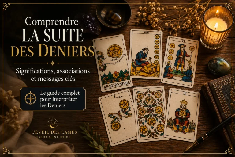 Suite des Deniers au Tarot avec plusieurs cartes de Deniers disposées sur une table en bois