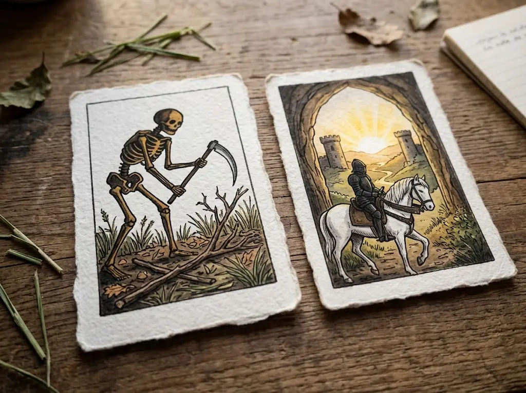 Deux cartes de Tarot faites main posées sur une table en bois : à gauche un squelette maniant une faux, à droite un cavalier avançant vers un soleil levant entre deux tours.