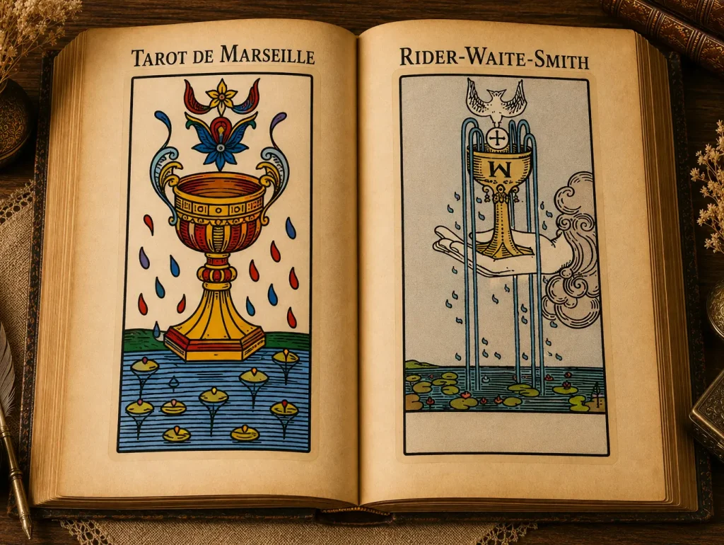 As de Coupe du Tarot de Marseille et du Rider-Waite-Smith présentés côte à côte dans un livre ouvert