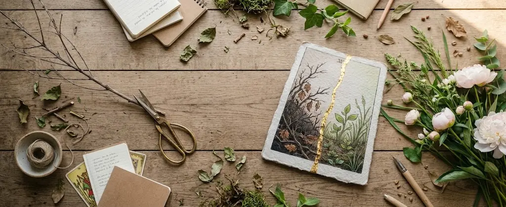 Bannière panoramique montrant une carte de Tarot restaurée à l'or au centre d'un espace de travail en bois avec ciseaux, carnet et fleurs fraîches.