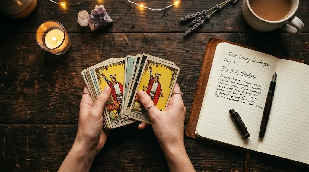 Vue du dessus de mains battant des cartes de tarot sur fond sombre avec carnet et lueur dorée pour le challenge tarot.