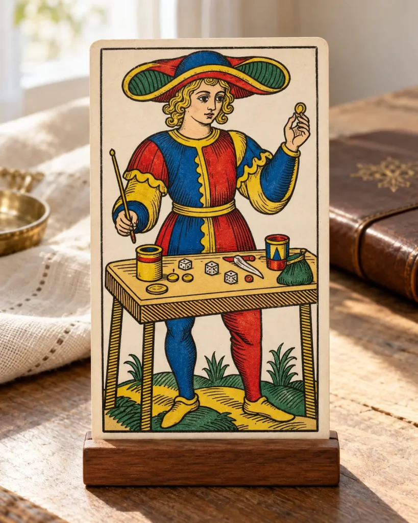 Illustration du Bateleur au Tarot, tenant une baguette et une pièce derrière une table garnie d’objets.