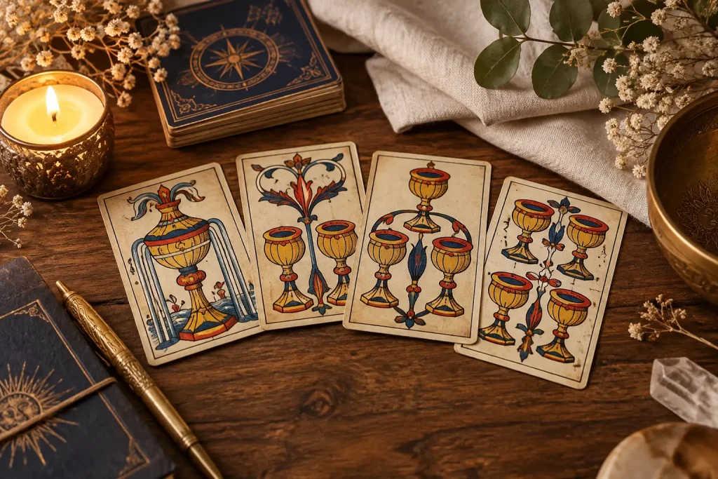 Quatre cartes illustrées de calices disposées sur une table en bois avec carnet, bougie et fleurs séchées