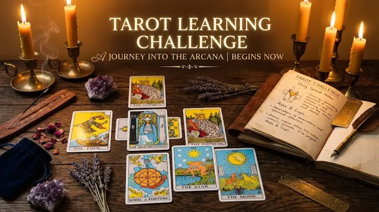 Cartes de tarot étalées sur une table en bois avec bougies dorées et carnet pour le challenge tarot de 21 jours.