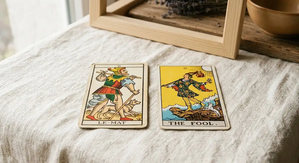 Comparaison de l'arcane Le Mat en Tarot de Marseille et en Rider-Waite-Smith
