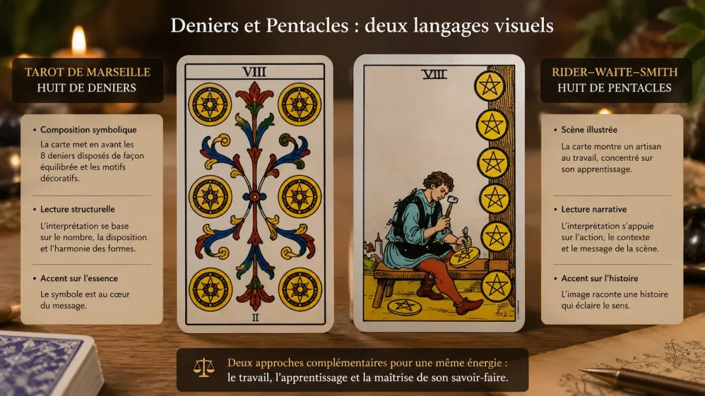Comparaison des Deniers du Tarot de Marseille et des Pentacles du Rider-Waite-Smith
