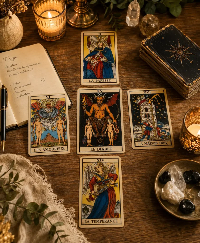 Carte du Diable entourée d’autres cartes dans un tirage