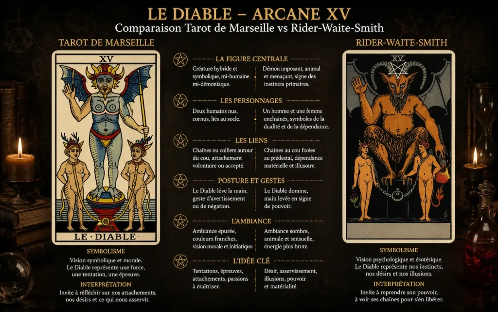 Cartes du Diable du Tarot de Marseille et du Rider-Waite-Smith présentées côte à côte