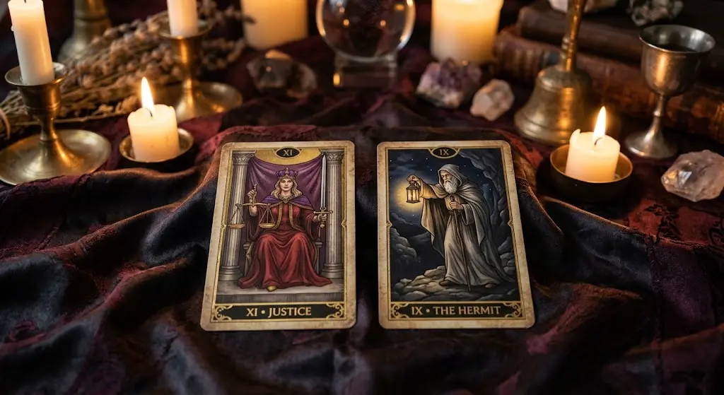 Les cartes de tarot la Justice et L'Hermite posées l'une à côté de l'autre sous une lumière tamisée.