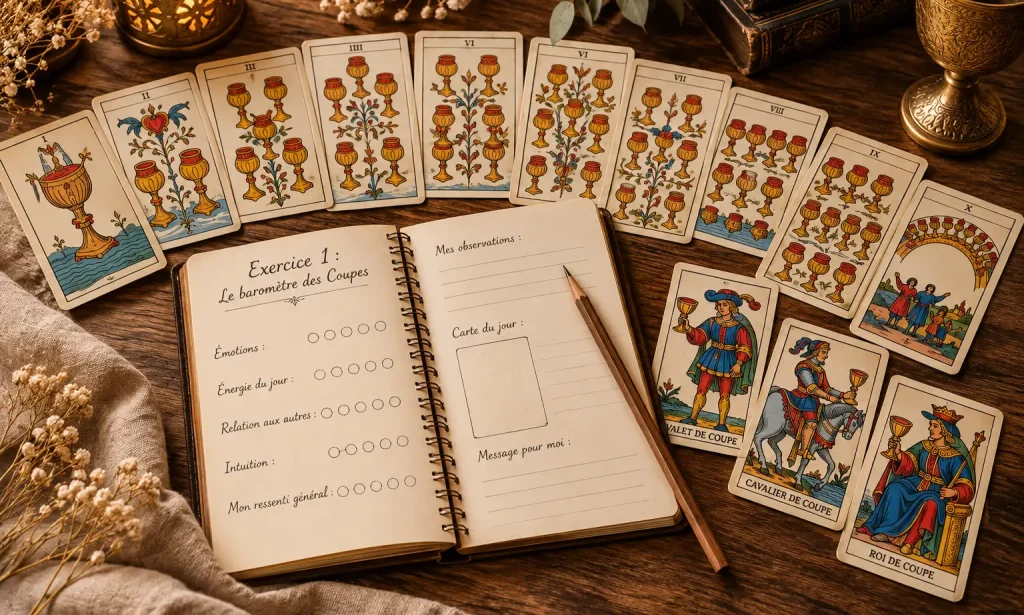 Carnet d’observation ouvert avec un crayon et plusieurs lames illustrées
