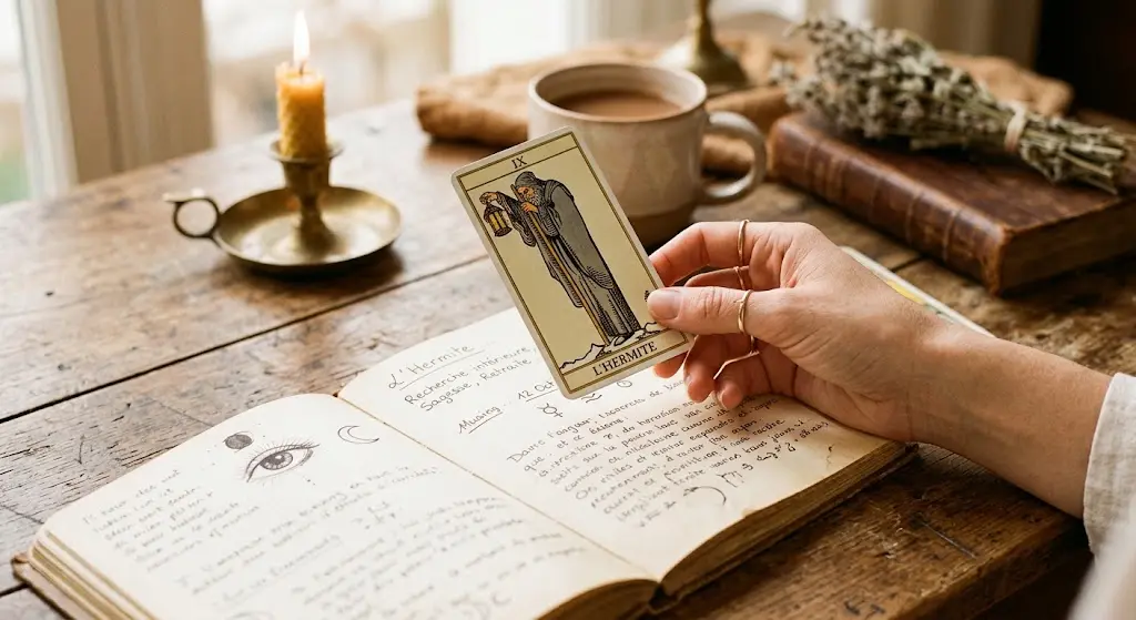 Main tenant une carte de tarot pendant l'exercice du premier regard