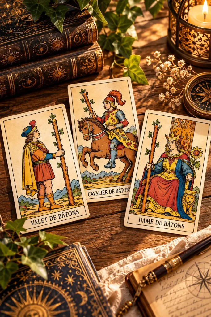 Trois cartes de Bâtons représentant le Valet, le Cavalier et la Dame, posées sur une table en bois.