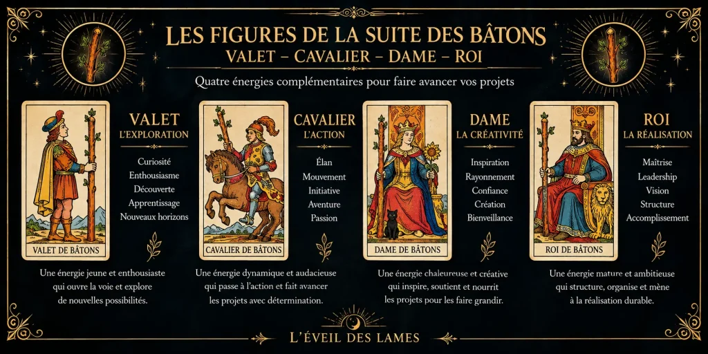 Quatre personnages représentés côte à côte : un jeune homme, un cavalier, une reine et un roi.