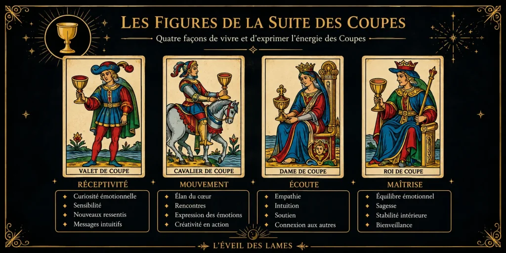 Valet, Cavalier, Dame et Roi tenant chacun une coupe