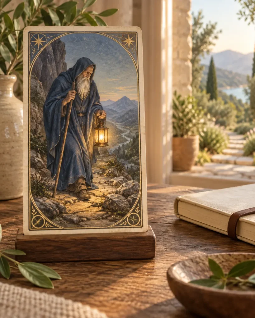 Carte de L’Hermite Tarot avec sa lanterne et son bâton sur un support en bois