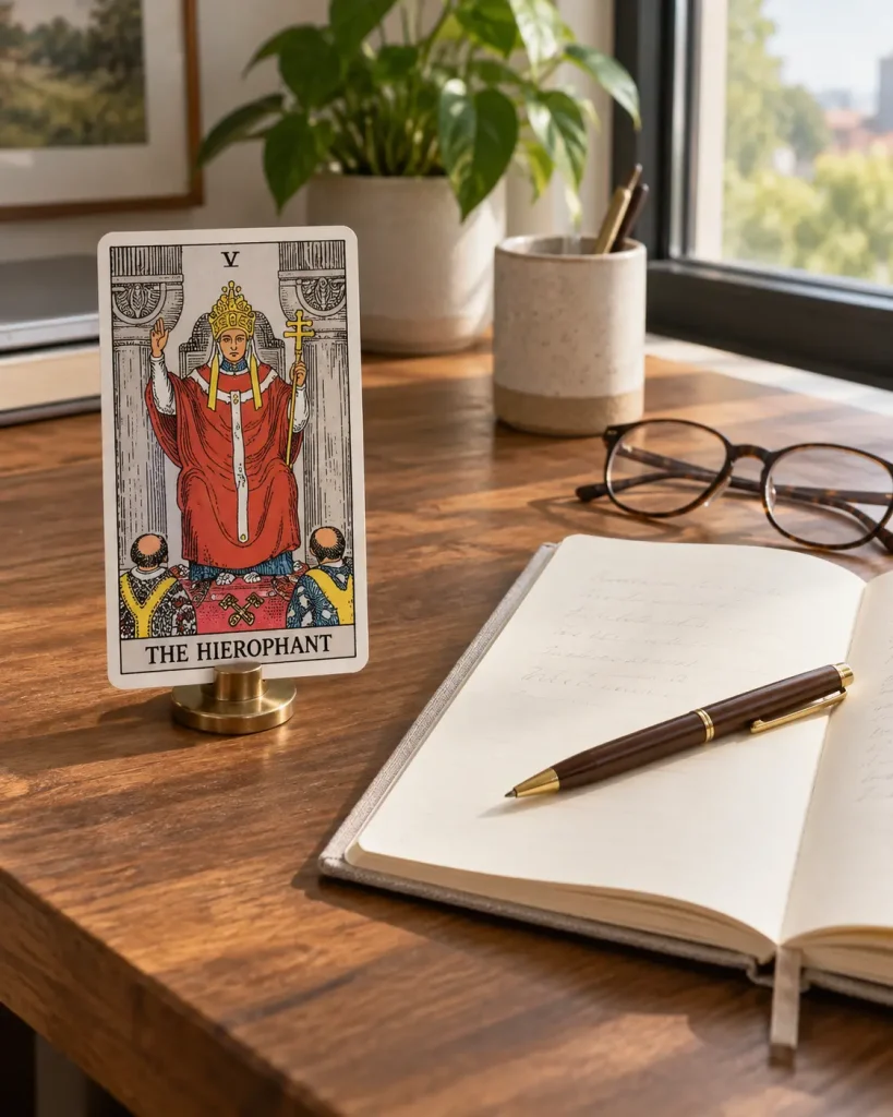 Hiérophante Rider-Waite près d’un carnet d’apprentissage du Tarot