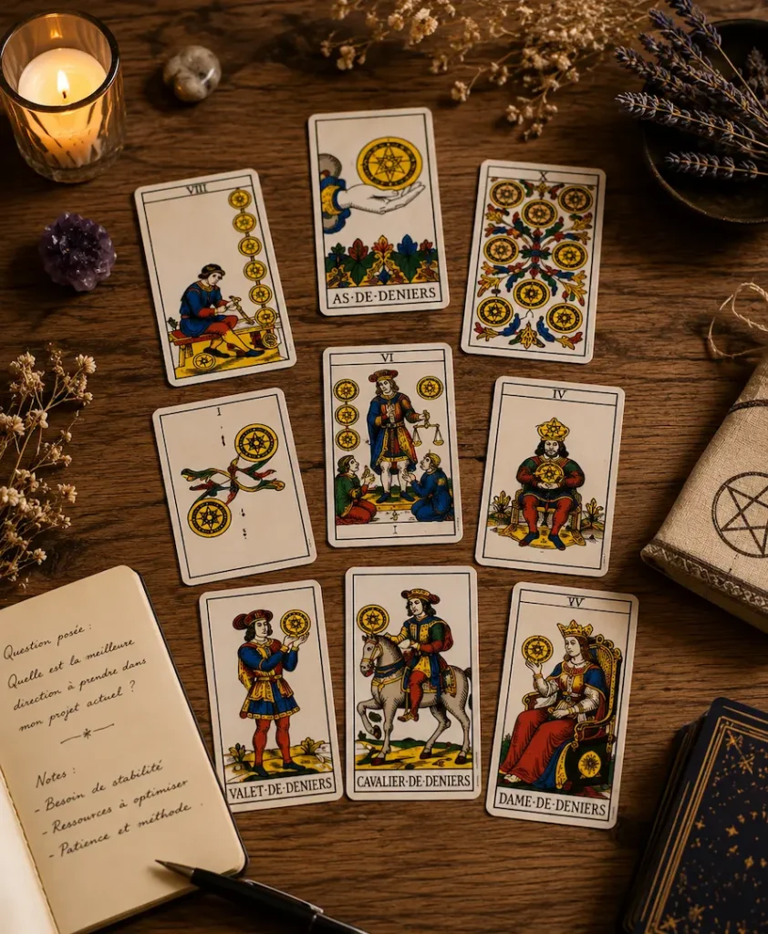 Plusieurs cartes de Deniers dans un tirage de Tarot sur une table en bois