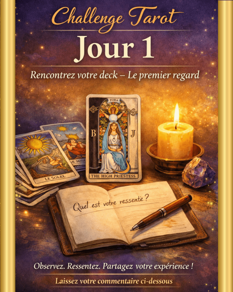 Illustration du challenge Tarot Jour 1 montrant des cartes de tarot, un carnet ouvert, une bougie allumée et une ambiance introspective invitant à rencontrer son jeu de tarot.