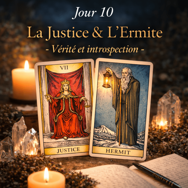 Cartes de La Justice et de L’Ermite du Tarot éclairées par des bougies, symbolisant la rigueur intérieure, l’introspection, la vérité et la sagesse personnelle