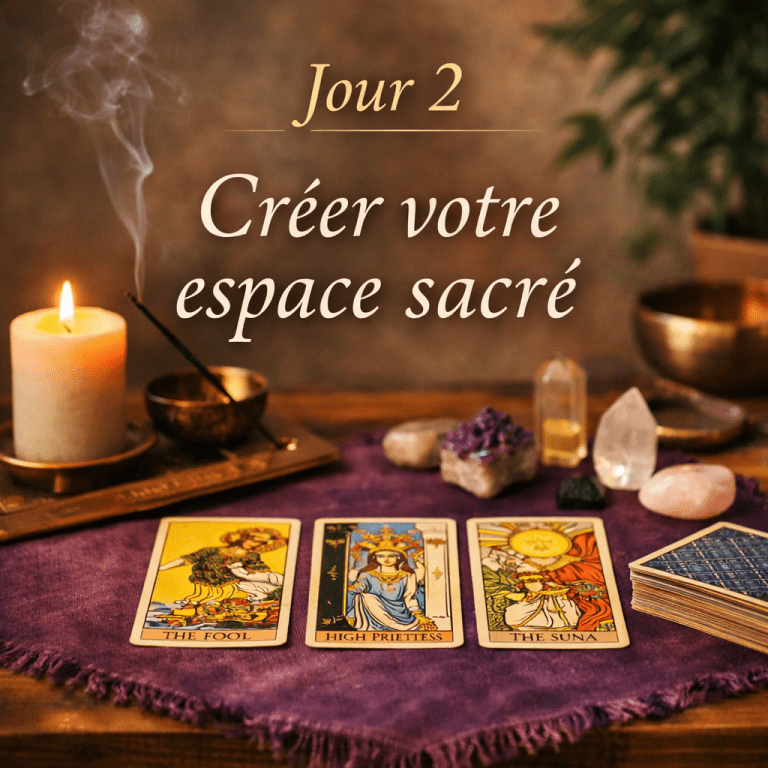 Illustration du challenge Tarot Jour 2 montrant un espace sacré avec des cartes de tarot, une bougie allumée, de l’encens et des cristaux, invitant à la préparation intérieure avant un tirage.