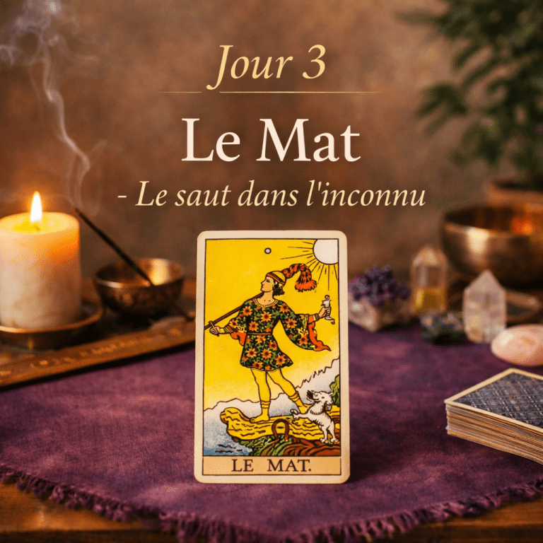 Illustration du challenge Tarot Jour 3 représentant la carte du Mat posée sur une table rituelle avec une bougie, des cristaux et une atmosphère symbolique évoquant le commencement et l’élan vers l’inconnu.