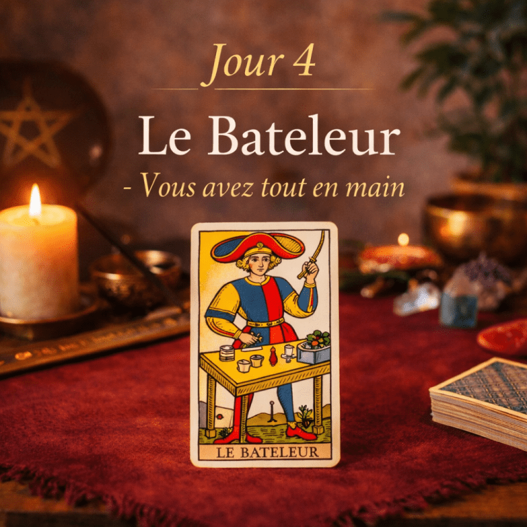 Illustration du challenge Tarot Jour 4 montrant la carte du Bateleur posée sur une table rituelle avec bougie et objets symboliques, évoquant le potentiel, l’action et les ressources intérieures.