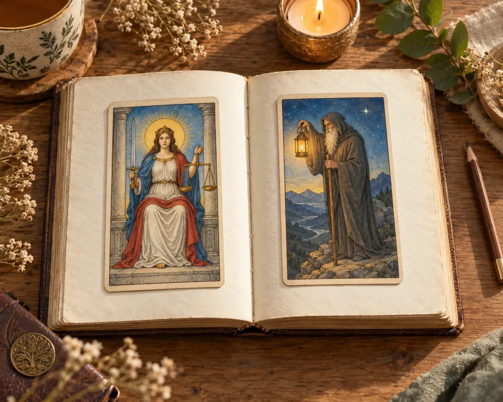 Cartes de La Justice et de L’Hermite posées sur les deux pages d’un carnet ouvert