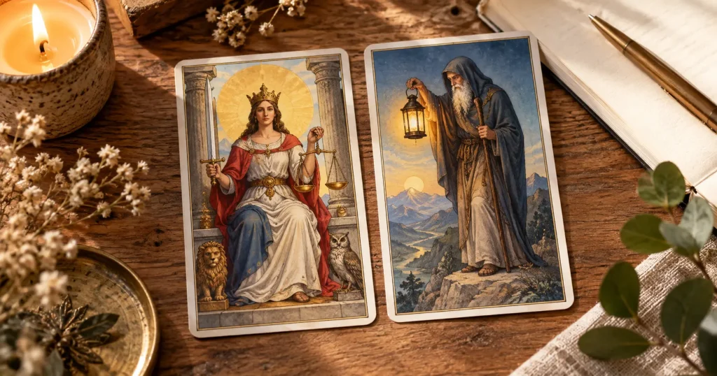 Cartes de La Justice et de L’Hermite Tarot sur une table en bois, accompagnées d’un carnet et d’une bougie