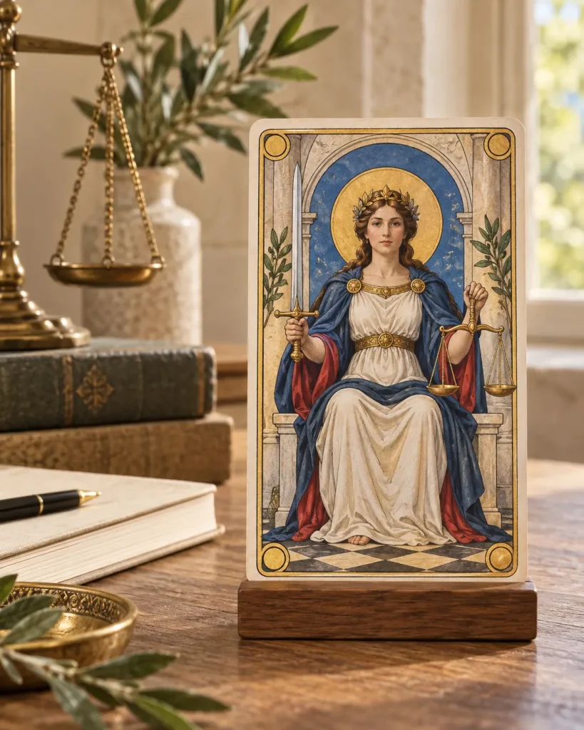 Carte de La Justice Tarot avec son épée et sa balance sur une table en bois