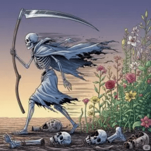 L'Arcane XIII, La Mort du Tarot, un squelette maniant une faux, symbole de la transformation, de la fin d'un cycle et du renouveau radical.
