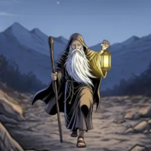 L'Arcane IX L'Hermite du Tarot, un vieil homme avec une lanterne et un bâton, symbole de l'introspection, de la prudence et de la quête intérieure.