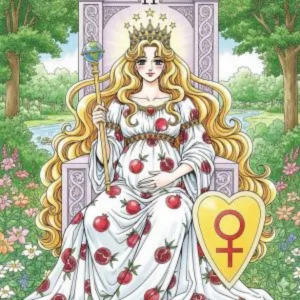 L'Arcane III L'Impératrice du Tarot, figure de la féminité assise sur un trône, symbole de la créativité et de l'abondance.