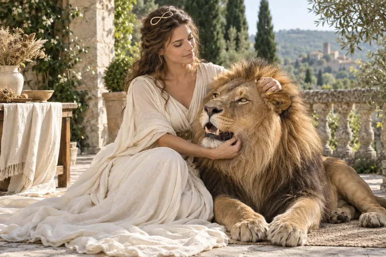 La Force, Arcane XI du Tarot, représentée par une femme apaisant un lion