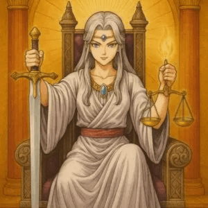 L'Arcane VIII La Justice du Tarot, une figure assise tenant une épée et une balance, symbole de l'équilibre, de l'impartialité et des conséquences.