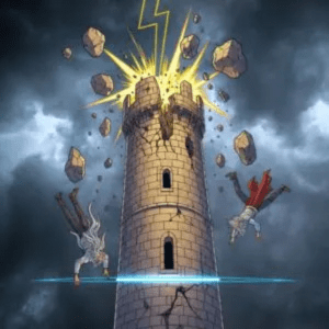 L'Arcane XVI La Maison Dieu (La Tour) du Tarot, un bâtiment foudroyé Interprétation complète de l'Arcane de La Roue de Fortune : ses significations dans les tirages et l'idée de mouvements inéluctables. avec des figures qui tombent, symbole de la destruction, de la révélation soudaine et de la rupture.