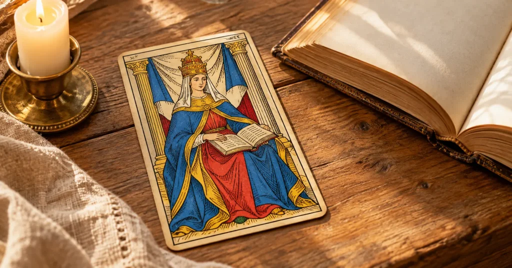 La Papesse, arcane 2 du tarot, posée sur une table en bois près d'un livre ancien