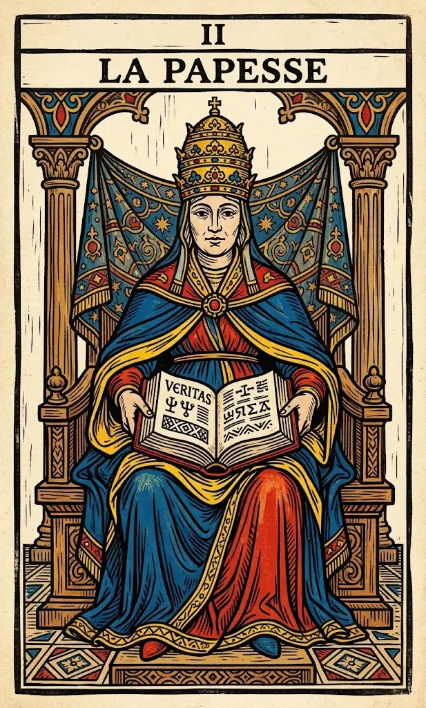Illustration d'une femme assise portant une tiare et tenant un livre ouvert, devant un voile bleu