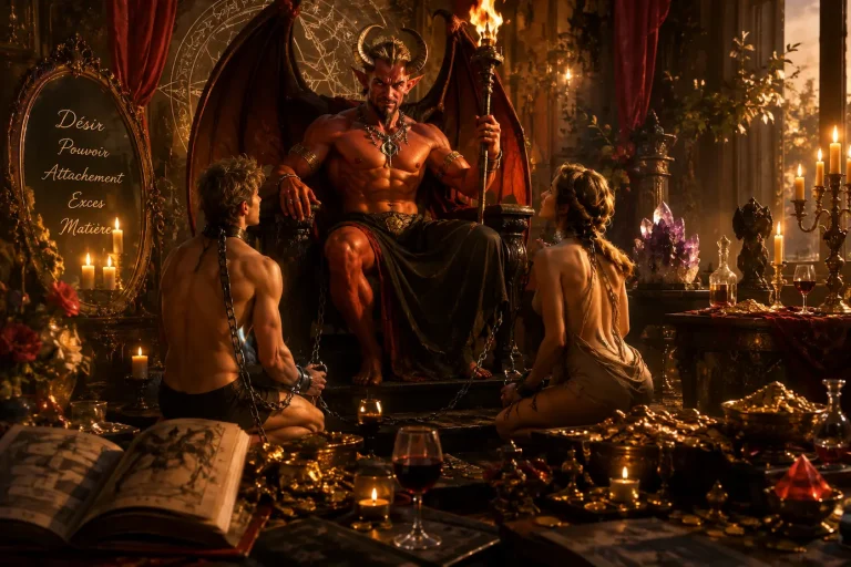 Carte du Diable, Arcane XV, posée sur une table de lecture de Tarot