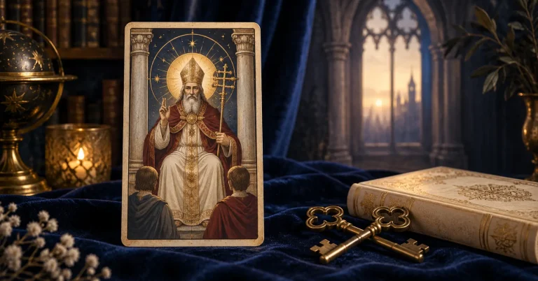 Le Pape au Tarot représenté avec un livre et deux clés dorées