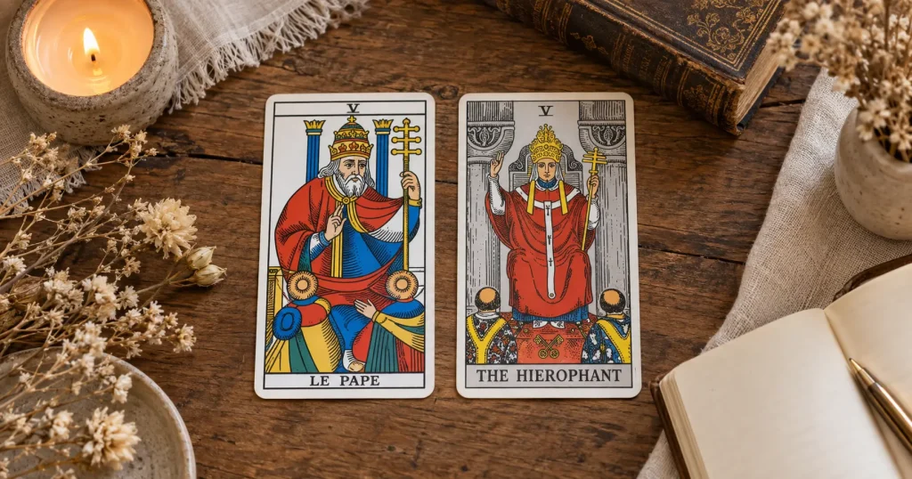 Le Pape au Tarot de Marseille et le Hiérophante Rider-Waite sur une table en bois