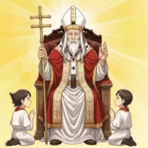 L'Arcane V Le Pape du Tarot, figure religieuse ou spirituelle levant la main, symbole de la sagesse divine, du conseil et de l'enseignement.