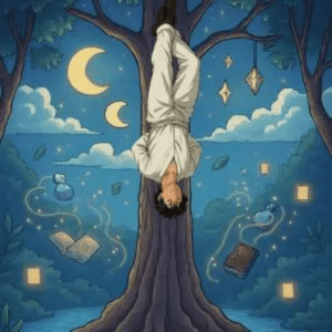 L'Arcane XII Le Pendu du Tarot, représentant un homme suspendu par un pied, symbole du sacrifice, du lâcher-prise et de la réorientation de perspective.