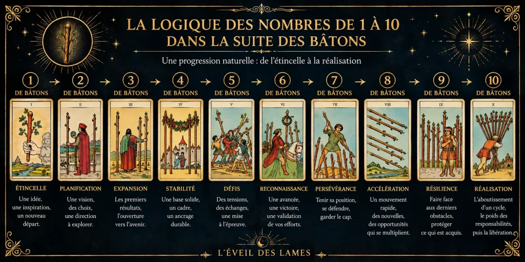 Illustration alignées de l’As au Dix avec une progression visuelle de gauche à droite.