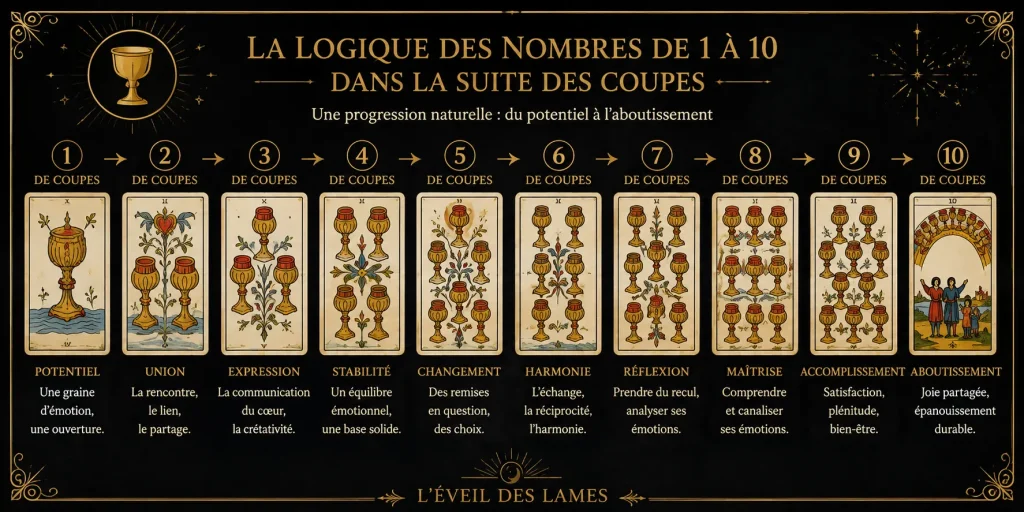 Dix cartes numérotées alignées de l’As au 10 avec leurs repères de lecture