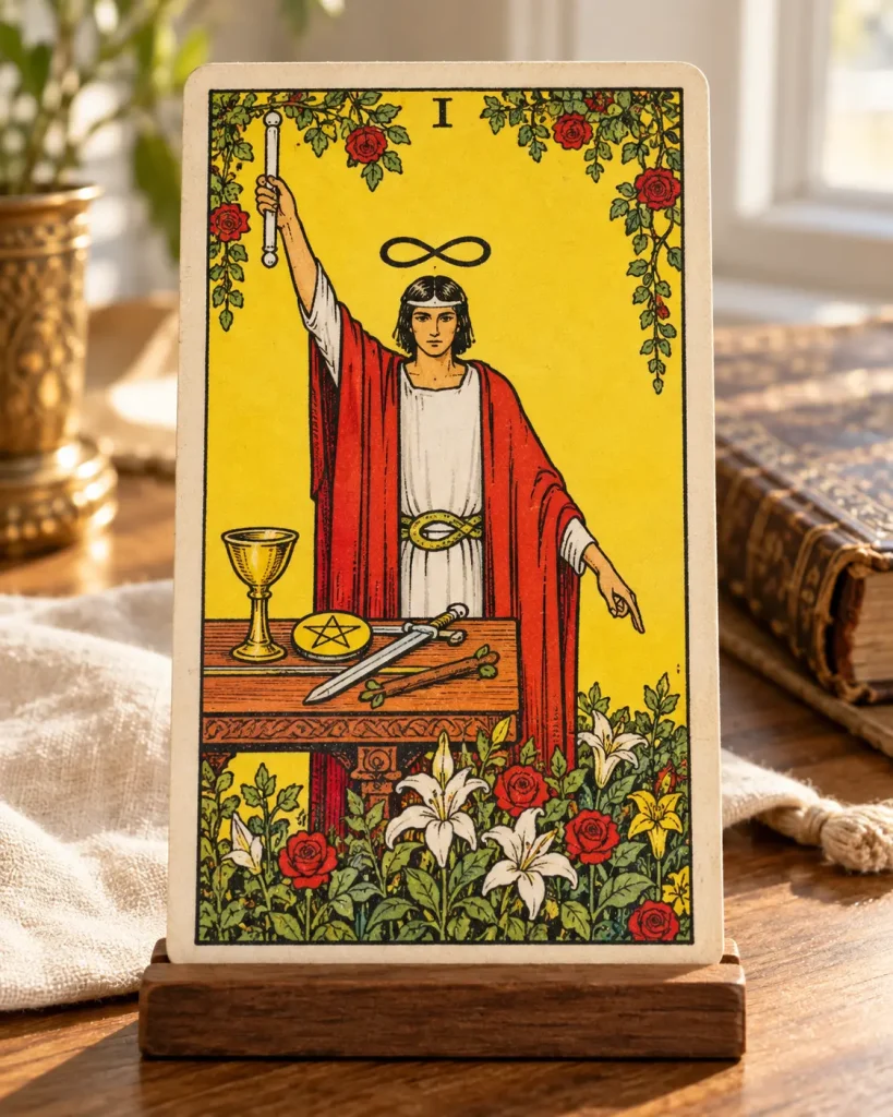 Carte illustrée du Magicien levant une baguette, devant une table portant une coupe, une épée, un bâton et un pentacle.