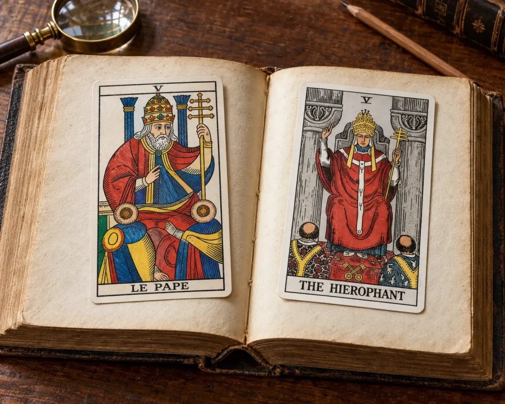Comparaison du Pape de Marseille et du Hiérophante Rider-Waite-Smith