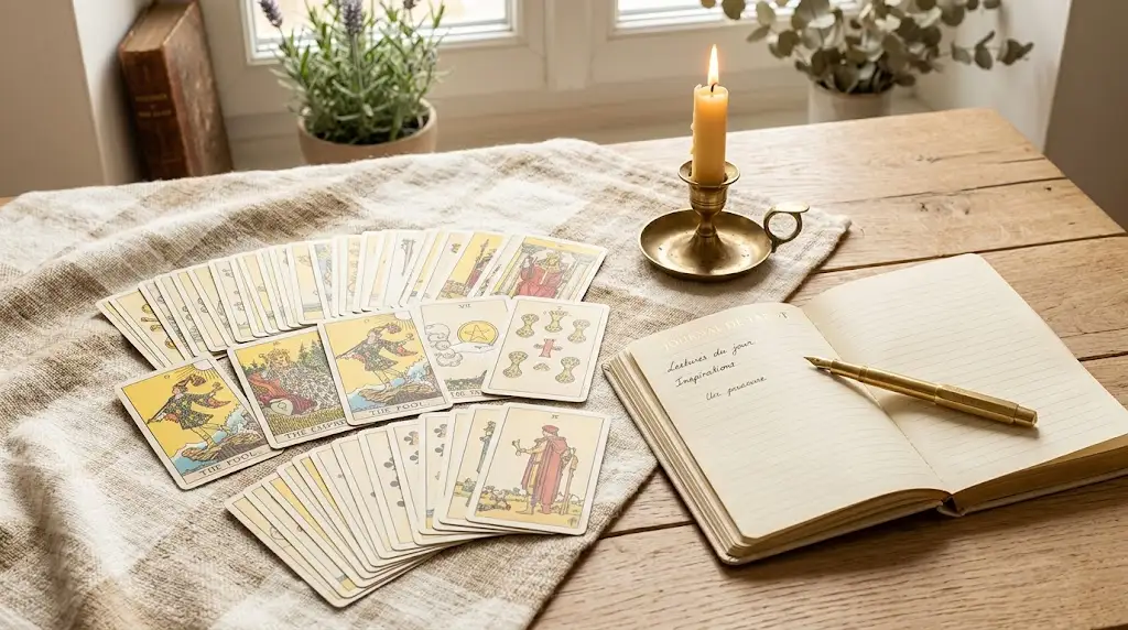 Femme observant une carte de tarot posée sur un carnet, exercice pour rencontrer son jeu de tarot